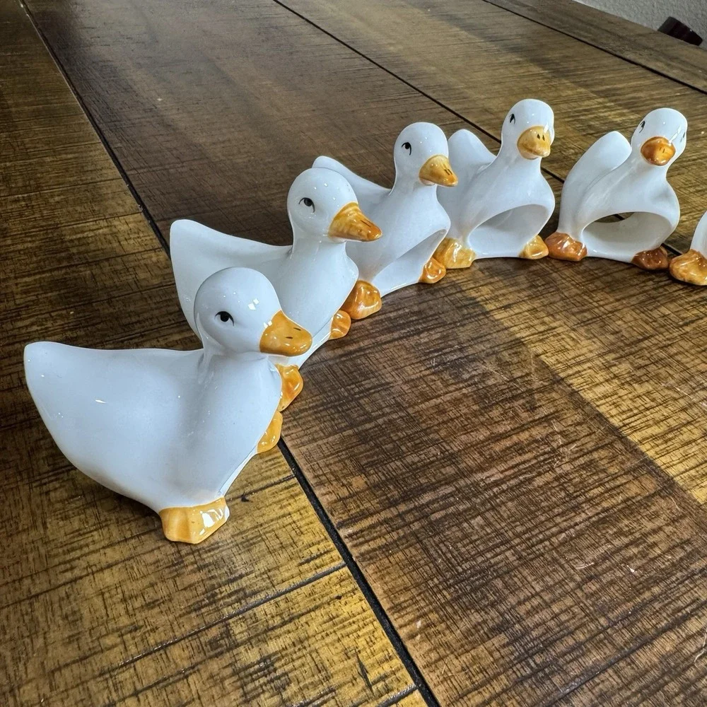 Vtg Ceramic White Duck Goose Napkin Rings Set of 6 Farmhouse Country Kitchen Lot